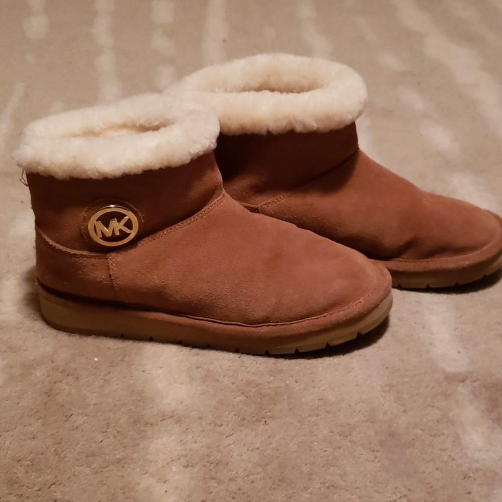 Michael Kors Chestnut Suede Shearling-Lined Ankle Booties with Gold MK Emblem